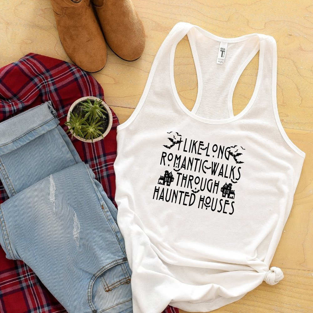 Hand Crafted White Tank Top with Black Halloween Text